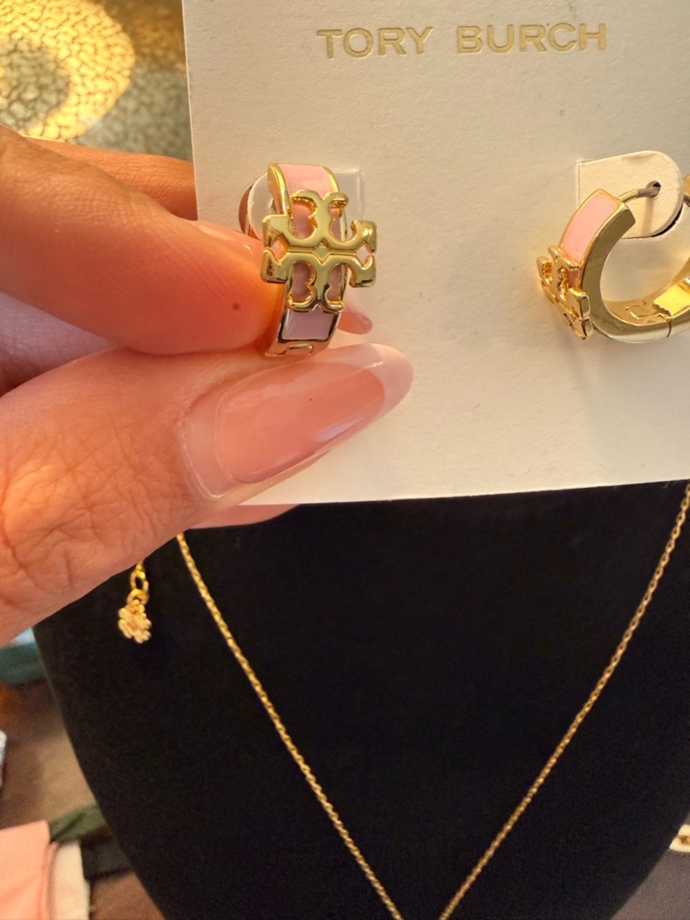 Tory Burch Pink Enamel Gold-Tone Logo Huggie Earrings - Picture 3 of 3